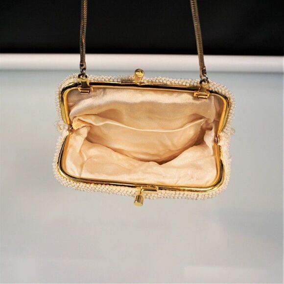 Beaded Sequined Cocktail Purse Vintage Hand Made In Hong Kong Off White - Picture 4 of 8